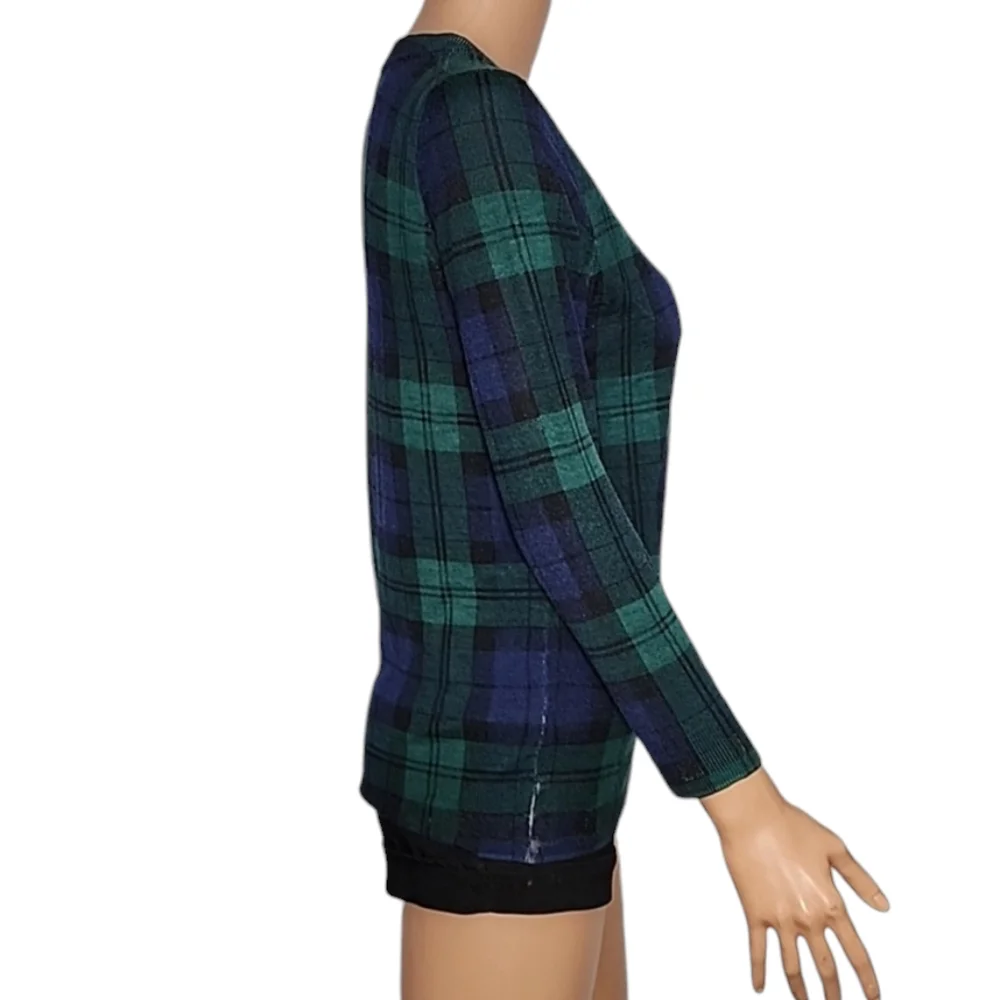J.Crew Women’s 100% Merino Wool Sweater‎ Size S Plaid Green Blue long sleeve